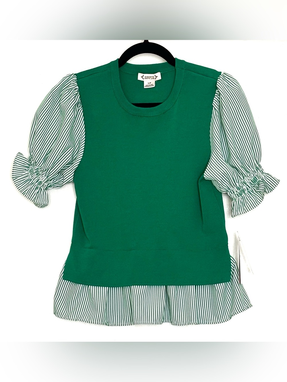 Nanette Nanette Lepore Short-Sleeve Twofer Ruffle Trim Sweater Green Size S NWT